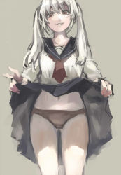 Rule 34 | 1girl, breasts, clothes lift, grey background, half-closed eyes, lifting own clothes, long hair, miniskirt, muted color, panties, school uniform, serafuku, shousan (hno3syo), simple background, skirt, skirt lift, smile, solo, standing, twintails, underwear, white hair