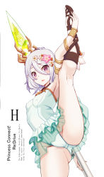 Rule 34 | 1girl, antenna hair, blush, breasts, copyright name, covered erect nipples, cross-laced footwear, english text, engrish text, flower, hair between eyes, hair flower, hair ornament, kneepits, kokkoro (princess connect!), kokkoro (summer) (princess connect!), leg lift, leg up, oobayashi mori, open mouth, panties, pointy ears, princess connect!, ranguage, sandals, see-through, short hair, silver hair, simple background, small breasts, solo, split, standing, standing on one leg, standing split, underwear, white background, white panties