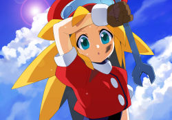 Rule 34 | 1girl, blonde hair, blush, breasts, brown gloves, cabbie hat, cropped jacket, dirty, dirty face, gloves, grease, green eyes, hat, jacket, kaidou zx, long hair, looking at viewer, mega man (series), mega man legends (series), open mouth, red hat, red jacket, roll caskett (mega man), short sleeves, sky, solo, sweat, triangle mouth, wrench