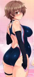 Rule 34 | 1girl, ass, back cutout, bathroom, bathtub, black gloves, blush, breasts, brown eyes, brown hair, choker, clothing cutout, competition swimsuit, condom, condom wrapper, cowboy shot, elbow gloves, female focus, from behind, full-face blush, gloves, holding, holding condom, katou keiko, large breasts, looking back, null (nyanpyoun), one-piece swimsuit, pregnant, short hair, solo, steam, strike witches, swimsuit, thigh strap, thighs, wet, witches of africa, world witches series