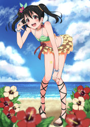 Rule 34 | 10s, 1girl, :d, \m/, bad id, bad pixiv id, beach, bikini, black hair, blush, cloud, cross-laced footwear, day, feet, flower, fupe (sealno108), green nails, hair flower, hair ornament, hand on own knee, hibiscus, highres, jewelry, leaning forward, love live!, love live! school idol project, nail polish, natsuiro egao de 1 2 jump!, necklace, ocean, open mouth, outdoors, red eyes, sandals, short hair, sky, smile, solo, swimsuit, toenail polish, toenails, toes, twintails, water, yazawa nico