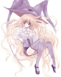 Rule 34 | 00s, 1girl, blonde hair, garter straps, hat, lilith (yamibou), long hair, looking at viewer, mutsuki toogo, pencil skirt, purple eyes, simple background, skirt, smile, solo, thighhighs, very long hair, white background, witch hat, yami to boushi to hon no tabibito, zettai ryouiki