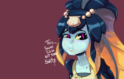 Rule 34 | 1girl, apron, blue skin, colored sclera, colored skin, cum, cum in mouth, facial, fins, fish girl, hair ornament, head fins, highres, lips, minette (skullgirls), monster girl, mouthful, pink eyes, scales, shell, simple background, skullgirls, solo, stain, star wolf, starwolfx, yellow sclera