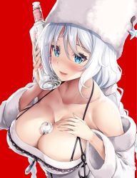 Rule 34 | 1girl, absurdres, alcohol, avrora (azur lane), azur lane, bare shoulders, blue eyes, blush, bottle, braid, breasts, cleavage, collarbone, commentary request, fur trim, hair between eyes, hand on own chest, hat, highres, holding, holding bottle, large breasts, long hair, long sleeves, looking at viewer, morimoto kiyona, parted lips, red background, shiny skin, simple background, smile, solo, star (symbol), twin braids, very long hair, vodka, white hat