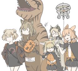 Rule 34 | 5girls, absurdres, ahoge, animal ears, arknights, artist request, balloon, bear ears, braid, braided hair rings, ceobe (arknights), closed eyes, cosplay, dinosaur costume, dog ears, drone, english text, feather hair, fox ears, fox girl, fox tail, glasses, gummy (arknights), halloween, halloween bucket, halloween costume, highres, ifrit (arknights), jurassic park, kitsune, kroos (arknights), kroos (arknights) (cosplay), kroos (the mag) (arknights), kyuubi, multiple girls, multiple tails, official alternate costume, owl ears, pumpkin, rabbit ears, shirt, silence (arknights), silence (arknights) (cosplay), staff, stomach, suzuran (arknights), t-shirt, tail, trick-or-treating, | |