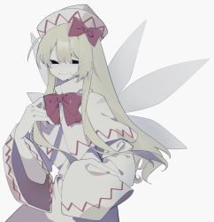 Rule 34 | 1girl, blonde hair, capelet, closed mouth, dress, fairy, fairy wings, hair between eyes, hat, highres, lily white, long hair, long sleeves, simple background, smirk, solo, touhou, upper body, white background, white capelet, white dress, white hat, wide sleeves, wings, xx asui