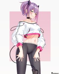 Rule 34 | 1girl, abs, adapted costume, alternate costume, alternate hairstyle, asymmetrical hair, bare shoulders, between legs, black choker, blush, breasts, character name, choker, closed mouth, collarbone, contrapposto, cowboy shot, crop top, demon horns, demon tail, earclip, fang, green eyes, half-closed eyes, hands on own thighs, high ponytail, highres, hololive, horns, legs, looking at viewer, midriff, multicolored hair, navel, navel piercing, o-ring, o-ring choker, off-shoulder shirt, off shoulder, pants, piercing, pink background, pink hair, ponytail, purple eyes, shirt, sidelocks, simple background, small breasts, smirk, solo, spike piercing, tail, tail between legs, tail ornament, tail piercing, therrao, thighs, tokoyami towa, tsurime, two-tone hair, virtual youtuber, white background, yoga pants