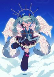 Rule 34 | 1girl, ahoge, angel wings, black footwear, black skirt, blue necktie, blush, bow, closed eyes, cloud, commentary, detached sleeves, dot nose, english commentary, eyelashes, feathered wings, floating, footwear bow, frilled skirt, frills, full body, hatsune miku, headset, highres, kitchupsandwich, long hair, multiple wings, music, necktie, open mouth, own hands clasped, own hands together, pink bow, singing, skirt, solo, tie clip, very long hair, vocaloid, white wings, wings