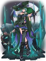Rule 34 | 1girl, belt, belt buckle, boots, braid, apricot the lich, buckle, choker, commentary, crystal, demon girl, demon horns, demon wings, dradra tw, english commentary, full body, green eyes, green hair, hat, highres, holding, holding staff, horns, jewelry, looking at viewer, magic circle, moon, necklace, pentagram, single thighhigh, smile, solo, staff, star (sky), thighhighs, twin braids, virtual youtuber, vshojo, wings, witch hat