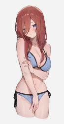 Rule 34 | 1girl, absurdres, arm under breasts, bikini, blue bikini, blue eyes, breasts, brown hair, cleavage, closed mouth, collarbone, cropped legs, go-toubun no hanayome, hair between eyes, hair over one eye, highres, holding own arm, large breasts, long bangs, long hair, looking at viewer, nakano miku, navel, side-tie bikini bottom, sketch, solo, sooon, stomach, swimsuit, white background