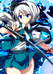 Rule 34 | 1girl, belt, belt buckle, black hairband, black necktie, black ribbon, blue fire, blue skirt, blue vest, buckle, collared shirt, colored eyelashes, fire, ghost, hair ribbon, hairband, highres, hitodama, holding, holding sword, holding weapon, katana, konpaku youmu, konpaku youmu (ghost), looking at viewer, necktie, open clothes, open vest, petals, puffy short sleeves, puffy sleeves, ribbon, sazanami mio, shirt, short hair, short sleeves, silver hair, skirt, solo, standing, sword, thighs, touhou, vest, weapon, white shirt, wing collar
