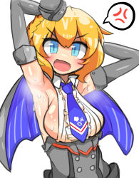 Rule 34 | 1girl, annoyed, armpits, arms behind head, arms up, bleuzer, blonde hair, blush, braid, breasts, collar, colorado (kancolle), detached sleeves, highres, kantai collection, looking at viewer, medium breasts, necktie, open mouth, shiny skin, sideboob, simple background, speech bubble, sweat, uniform, upper body, white background