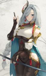 Rule 34 | 1girl, absurdres, black bodysuit, black gloves, blue eyes, blush, bodysuit, braid, breast curtain, breasts, covered navel, cowboy shot, flower knot, genshin impact, gloves, goback, gold trim, grey hair, groin, hair ornament, hair over one eye, hand up, highres, hip vent, holding, kuji-in, large breasts, long hair, looking at viewer, low-braided long hair, low-tied long hair, one eye covered, parted lips, partially fingerless gloves, puffy sleeves, shenhe (genshin impact), single braid, skin tight, solo, tassel, turtleneck, very long hair, weapon