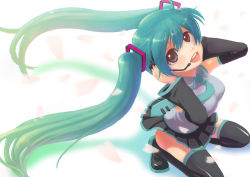 Rule 34 | cloverpeia, detached sleeves, green eyes, green hair, hatsune miku, headphones, headset, long hair, looking up, microphone, petals, solo, squatting, thighhighs, twintails, vocaloid