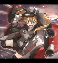 Rule 34 | 10s, 1girl, amonitto, arms up, black thighhighs, blonde hair, cannon, cloud, gloves, green eyes, hat, kantai collection, letterboxed, long sleeves, looking at viewer, machinery, military, military uniform, ocean, open mouth, prinz eugen (kancolle), sailor hat, shirt, skirt, sky, solo, sunset, thighhighs, twintails, uniform, water, white gloves, zettai ryouiki