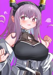 Rule 34 | 1girl, arknights, bare shoulders, black hairband, black shirt, blush, breasts, cleavage, cleavage cutout, clothing cutout, fang, grey jacket, hair between eyes, hairband, highres, horns, jacket, large breasts, long hair, long sleeves, off shoulder, open clothes, open jacket, open mouth, puffy long sleeves, puffy sleeves, purple background, purple eyes, purple hair, shirt, simple background, sleeveless, sleeveless shirt, solo, spam (spamham4506), sweat, typhon (arknights), upper body, very long hair