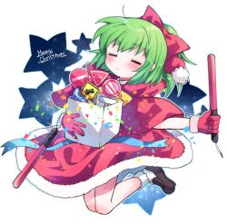 Rule 34 | 1girl, = =, alternate costume, blush, bow, box, closed eyes, commentary request, cookie (touhou), daiyousei, diyusi (cookie), full body, gloves, green hair, hair bow, holding, holding box, medium hair, merry christmas, no entry sign, open mouth, pedestrian crossing sign, railroad crossing ahead sign, red bow, red gloves, road closed to vehicles sign, road sign, santa costume, sign, solo, star (sky), star (symbol), stop sign, touhou, traffic baton, white background, xox xxxxxx