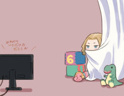 Rule 34 | 1girl, blonde hair, blue eyes, commentary request, covering own mouth, curtains, hiding, irony, long hair, m3gan, m3gan (character), saiguchi otoufu, scared, solo, stuffed animal, stuffed dinosaur, stuffed toy, television, toy block, translation request