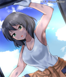 Rule 34 | 1girl, arm up, armpits, artist name, blue sky, breasts, brown hair, cleavage, clothes around waist, cloud, cloudy sky, commentary, dark-skinned female, dark skin, day, dirty, from below, girls und panzer, gloves, green eyes, grey gloves, hoshino (girls und panzer), jumpsuit, leaning forward, looking down, mechanic, medium breasts, one-hour drawing challenge, open mouth, orange jumpsuit, outdoors, short hair, sky, solo, tank top, twitter username, uniform, zanntetu