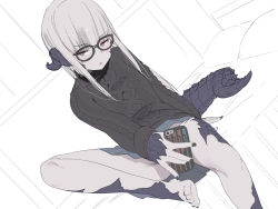 Rule 34 | 1girl, au ra, au ra xaela, barefoot, blonde hair, cellphone, dragon girl, dragon tail, dutch angle, feet, female focus, final fantasy, final fantasy xiv, glasses, highres, horns, kaede (sayappa), long hair, on bed, partially colored, phone, selfie, sitting, skirt, smartphone, solo, sweater, tail, toes