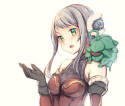 Rule 34 | 1girl, :d, arciela v adoulin, bare shoulders, black gloves, blush, breasts, covered collarbone, creature, detached sleeves, earmuffs, eyelashes, final fantasy, final fantasy xi, fur trim, gloves, green eyes, green pupils, grey hair, hand up, highres, leaf, leafkin, light particles, long hair, long sleeves, medium breasts, mu su me bot, on shoulder, open mouth, red sleeves, simple background, smile, solo, teeth, upper body, upper teeth only, white background