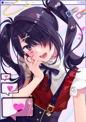 Rule 34 | 1girl, absurdres, ame-chan (needy girl overdose), black hair, black nails, black ribbon, black skirt, blush, collar, collared shirt, hair ornament, hair over one eye, hair tie, hairclip, halo, hand on own face, heart, highres, jirai kei, long hair, looking at viewer, multicolored nails, neck ribbon, needy girl overdose, open mouth, red nails, red shirt, ribbon, shirt, shirt tucked in, skirt, smile, solo, suspender skirt, suspenders, twintails, upper body, white collar, x hair ornament, yeqi2347