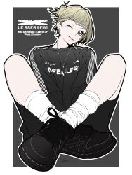 Rule 34 | 1girl, absurdres, animification, bambi surprise, black background, black footwear, black shorts, black sweater, border, copyright name, earrings, head tilt, highres, jewelry, k-pop, kim chae-won, le sserafim, looking at viewer, necklace, nike (company), nike air force 1, one eye closed, real life, shoes, shorts, smile, sneakers, socks, solo, sweater, white border, white socks