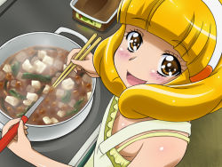 Rule 34 | 10s, 1girl, apron, bare shoulders, blonde hair, blush, chopsticks, cooking, food, hairband, kise yayoi, ladle, looking up, mameshiba (pixiv 59310), open mouth, pot, precure, short hair, smile, smile precure!, solo, white hairband, yellow eyes