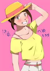 1girl absurdres aioka_(aichiu_kuchiu) belt blouse blush breasts brown_eyes brown_hair closed_mouth digimon digimon_adventure:_last_evolution_kizuna hat highres looking_at_viewer pink_background shirt short_hair simple_background smile solo teeth yagami_hikari yellow_hat yellow_shirt