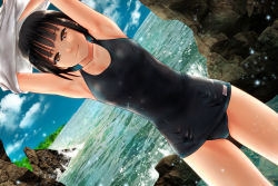 Rule 34 | 1girl, ano hito, armpits, black hair, brown hair, cloud, day, dutch angle, highres, looking at viewer, one-piece swimsuit, original, school swimsuit, sky, smile, solo, stretching, swimsuit, undressing, water