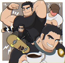Rule 34 | 1boy, bandaid, bandaid on arm, bara, baseball cap, biceps, black jacket, black shirt, blush, closed mouth, cup, facial hair, flexing, hat, highres, holding, holding plate, jacket, large pectorals, lucas lee, male focus, multiple views, muscular, muscular male, musou luf, one eye closed, open clothes, open jacket, pectorals, plate, scott pilgrim (series), scott pilgrim takes off, shirt, skateboard, skateboarding, smile, sunglasses, teeth, two-tone shirt, white shirt