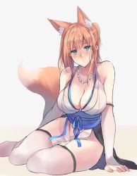 Rule 34 | 1girl, animal ear fluff, animal ears, bare shoulders, blue sash, blush, breasts, cleavage, collarbone, commentary request, ear piercing, earrings, elbow gloves, fox ears, fox girl, fox tail, gloves, green eyes, hair between eyes, japanese clothes, jewelry, large breasts, leaning to the side, long hair, looking at viewer, necklace, orange hair, original, piercing, sash, sawaya (mizukazu), simple background, sitting, solo, tail, thighhighs, white background, white gloves, white thighhighs