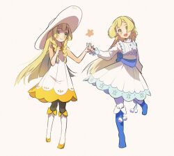 Rule 34 | 2girls, blonde hair, blue footwear, blush, boots, braid, buttons, closed mouth, commentary request, creatures (company), dress, eyelashes, game freak, green eyes, hat, holding hands, lillie (pokemon), long hair, long sleeves, marutoko45, multiple girls, nintendo, pantyhose, pantyhose under socks, pokemon, pokemon (anime), pokemon journeys, shoes, sleeveless, sleeveless dress, smile, socks, twin braids, white background, white dress, white headwear, white socks, yellow footwear