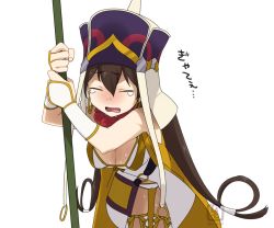 Rule 34 | 1girl, bad id, bad pixiv id, breasts, brown hair, cleavage, earrings, closed eyes, fate/grand order, fate (series), hat, jewelry, long hair, open mouth, shimomoto, solo, sweat, tears, xuangzang sanzang (fate)