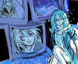 Rule 34 | 2girls, abstract, blue theme, closed mouth, crt, firefly (honkai: star rail), honkai: star rail, honkai (series), jacket, long hair, looking at viewer, looking to the side, monitor, monochrome, multiple girls, open mouth, shell62, sitting, smile, spot color, stelle (honkai: star rail), sweater, trailblazer (honkai: star rail), water