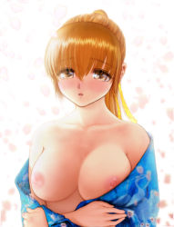 Rule 34 | 1girl, blush, breasts, brown eyes, brown hair, dead or alive, ebina souichi, japanese clothes, kasumi (doa), kasumi mania 3, large breasts, nipples, petals, ponytail, solo, tecmo