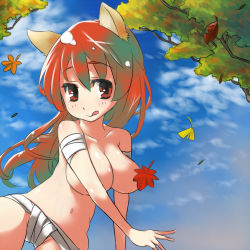Rule 34 | 1girl, animal ears, bandages, blue vert, breasts, brown eyes, censored, convenient censoring, leaf, leaf censor, medium breasts, multicolored hair, navel, censored nipples, original, solo, thigh gap, thighs, tongue, topless