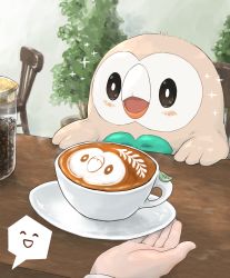 Rule 34 | 1other, absurdres, bird, blush, bright pupils, chair, coffee, coffee beans, commentary request, creatures (company), cup, game freak, gen 7 pokemon, highres, hiyoko kurabu, jar, latte art, leaf, looking up, nintendo, open mouth, owl, plant, pokemon, pokemon (creature), potted plant, rowlet, saucer, sparkle, spoken expression, steam, table, teacup, white pupils
