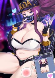 Rule 34 | 1girl, absurdres, akali, baseball cap, belt, black gloves, breasts, cleavage, commission, cropped jacket, curvy, fingerless gloves, gloves, gold trim, hat, highleg, highleg panties, highres, holding, holding phone, holding photo, huge breasts, jacket, k/da (league of legends), league of legends, mask, midriff, mouth mask, navel, official alternate costume, panties, pants, phone, photo (object), pixiv commission, plump, ponytail, print mask, purple hair, selfie, shio05 (05 sio), short shorts, shorts, solo, underwear, v