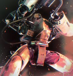 Rule 34 | arl-99 helldiver, assault visor, black background, cable, embers, from below, highres, holding, kidou keisatsu patlabor, mecha, no humans, robot, science fiction, solo, tamago tomato