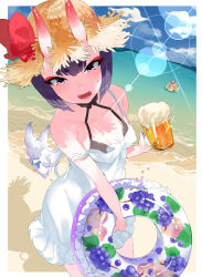 Rule 34 | 1girl, :d, aano (10bit), absurdres, alcohol, bare shoulders, beach, beer, beer mug, breasts, covered erect nipples, cup, day, dress, fangs, fate/grand order, fate (series), fou (fate), hat, highres, horns, innertube, looking at viewer, medium breasts, mug, oni, open mouth, purple eyes, purple hair, short hair, shuten douji (fate), smile, solo, strap slip, straw hat, swim ring, white dress