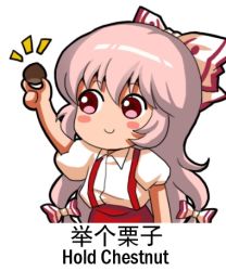 Rule 34 | 1girl, bilingual, blush, blush stickers, bow, chestnut, chinese text, english text, engrish text, fujiwara no mokou, hair between eyes, hair bow, jokanhiyou, long hair, lowres, meme, mixed-language text, multi-tied hair, pink hair, pun, ranguage, red eyes, shirt, simple background, smile, solo, suspenders, text focus, touhou, translation request, upper body, very long hair, white background, white shirt