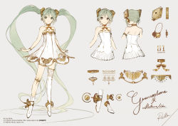Rule 34 | 1girl, asymmetrical legwear, boots, chest tattoo, collarbone, dress, flat chest, gold trim, green hair, hair ornament, hatsune miku, jewelry, long hair, looking at viewer, miku symphony (vocaloid), multiple views, number tattoo, rella, see-through, see-through dress, tattoo, thigh boots, thigh strap, thighhighs, tiptoes, twintails, uneven legwear, very long hair, vocaloid, white dress, white footwear, white thighhighs