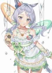 Rule 34 | 1girl, alternate hair color, animal ears, commentary, cup, disposable cup, flower, green ribbon, grey hair, hair flower, hair ornament, hair ribbon, highres, holding, holding cup, horse ears, horse girl, horse tail, long hair, looking at viewer, low twintails, mejiro mcqueen (ripple fairlady) (umamusume), mejiro mcqueen (umamusume), official alternate costume, one-piece swimsuit, oshage (osyage921), purple eyes, ribbon, solo, swept bangs, swimsuit, tail, twintails, umamusume