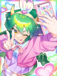 Rule 34 | 1girl, bow, bow hairband, cellphone, draco centauros, dragon tail, dragon wings, eyelashes, green hair, green wings, hairband, heart, highres, holding, holding phone, horns, jacket, jewelry, matsumoto-san, multicolored nails, nail polish, phone, pink jacket, pink ribbon, pointy ears, purple skirt, puyo (puyopuyo), puyopuyo, puyopuyo quest, rainbow border, ribbon, ring, selfie, shirt, skirt, smartphone, smile, solo, striped clothes, striped nails, striped thighhighs, tail, thighhighs, tongue, tongue out, v, white bow, white shirt, wings, yellow eyes, yellow horns