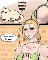 Rule 34 | 1girl, ayaki blade, blonde hair, blue eyes, breasts, camisole, cammy white, capcom, cat, collarbone, comic, commentary, english commentary, english text, green camisole, hairband, highres, long neck, medium breasts, medium hair, red hairband, solo, street fighter, street fighter 6, twitter username, watermark