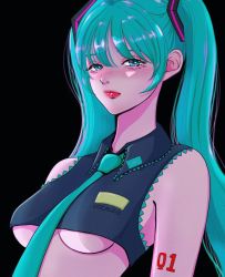 Rule 34 | 1girl, black background, blue hair, blue necktie, blush, breasts, collared shirt, cropped shirt, expressionless, hair behind ear, hatsune miku, highres, long hair, looking at viewer, medium breasts, necktie, shirt, sleeveless, sleeveless shirt, solo, underboob, vocaloid, yurinsta
