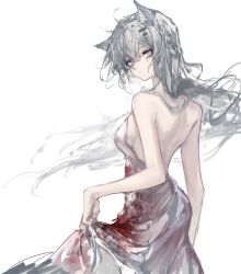Rule 34 | 1girl, absurdres, alternate costume, animal ears, arknights, back, backless dress, backless outfit, bare arms, bare shoulders, blood, blood on clothes, breasts, closed mouth, cowboy shot, dress, expressionless, from behind, grey dress, grey eyes, highres, lappland (arknights), long hair, looking at viewer, looking back, medium breasts, naijiaer, no tail, scar, scar across eye, scar on face, sideboob, silver hair, simple background, skirt hold, solo, strapless, strapless dress, very long hair, white background, wolf ears