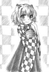 Rule 34 | 1girl, bell, book, checkered background, checkered clothes, closed mouth, greyscale, hair between eyes, holding, holding book, jingle bell, long sleeves, looking at viewer, monochrome, motoori kosuzu, simple background, smile, solo, standing, touhou, wide sleeves, yuran (kuen-hien)