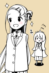 Rule 34 | 2girls, :d, arms behind back, blazer, blush, bow, bowtie, brown background, buttons, chibi, collared shirt, commentary request, dot nose, forehead, hair ornament, hair stick, hairclip, hands up, happy, highres, himeji yanai, hitoribocchi no marumaru seikatsu, jacket, katsuwo (cr66g), long hair, long sleeves, looking at another, looking to the side, multiple girls, open mouth, partially colored, pleated skirt, school uniform, shadow, shirt, simple background, skirt, smile, sotoka rakita, sparkle, split mouth, tiara, translation request, very long hair